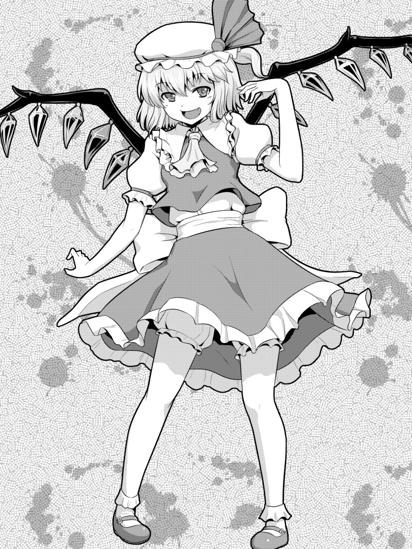 1girl :d ascot commentary_request crystal_wings flandre_scarlet full_body greyscale hat hat_ribbon highres kakone looking_at_viewer mob_cap monochrome one_side_up open_mouth ribbon shoes short_sleeves skirt smile solo touhou vest