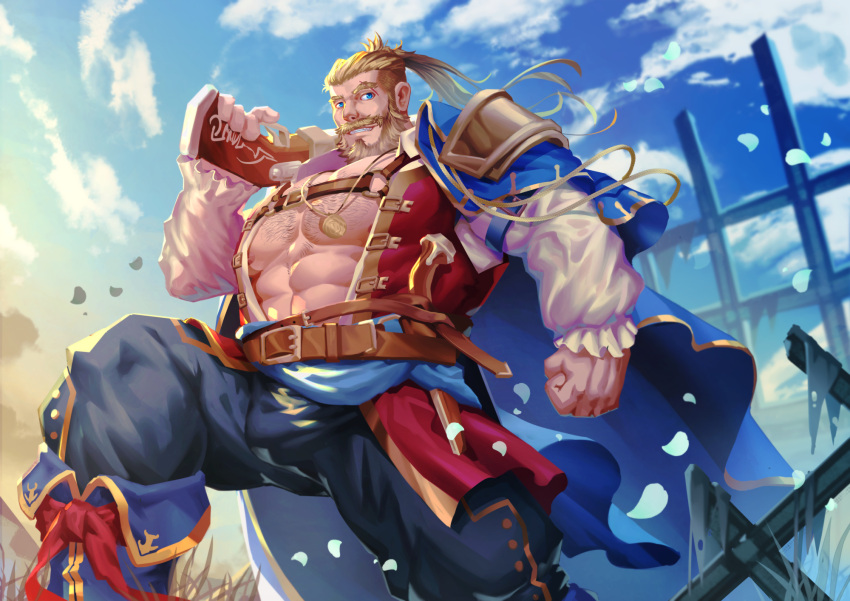 1boy abs bara beard belt bergamond_(crave_saga) blue_eyes chest_hair crave_saga eyebrow_cut facial_hair falling_petals frilled_sleeves frills grin gun highres holding holding_gun holding_weapon jewelry lander_(randa) large_pectorals long_hair looking_at_viewer male_focus mature_male muscular muscular_male necklace nipple_slip nipples open_clothes over_shoulder pectorals petals ponytail smile solo thick_eyebrows thick_mustache weapon weapon_over_shoulder