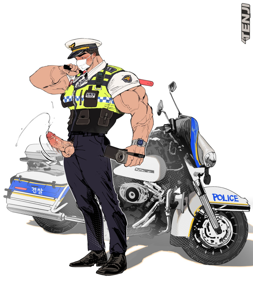 1boy bara biceps black_hair blush bulletproof_vest camera cum ejaculation erection full_body hat highres holding holding_camera looking_down male_focus male_pubic_hair mask mature_male motor_vehicle motorcycle mouth_mask muscular muscular_male open_fly original penis police police_hat police_uniform policeman projectile_cum pubic_hair shadow short_hair sideburns simple_background solo tenji_(tenji_89) testicles thick_eyebrows uncensored uniform veins veiny_arms walkie-talkie watch white_background wristwatch