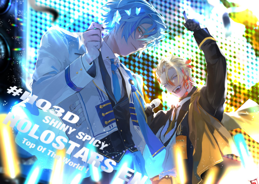 2boys arm_up axel_syrios black_gloves blonde_hair blue_eyes blue_hair blue_necktie concert curtained_hair english_text gloves glowstick green_eyes hair_between_eyes highres holding holding_microphone holostars holostars_english holostars_idol_uniform_(1st_act) idol looking_at_viewer male_focus microphone multicolored_hair multiple_boys necktie pointing pointing_up red_hair regis_altare short_hair smile stage_lights suda_(svdaaa) two-tone_hair upper_body