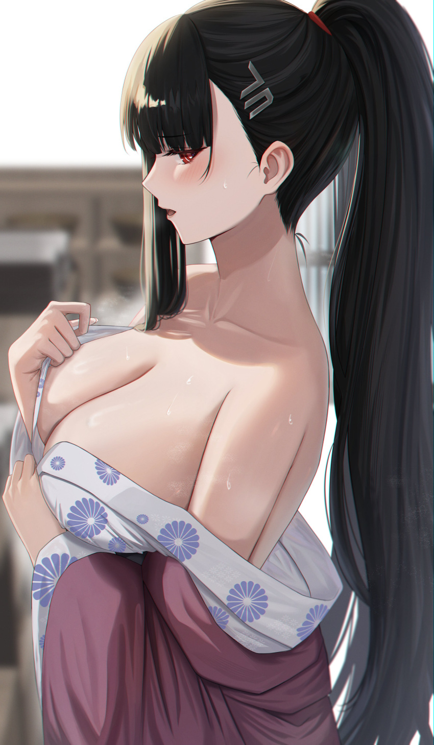 1girl absurdres black_hair blue_archive blurry blurry_background breasts cleavage collarbone floral_print_kimono from_side hair_ornament highres japanese_clothes kimono large_breasts long_hair off_shoulder open_mouth ponytail red_eyes rio_(blue_archive) solo sweat white_kimono yamikyon