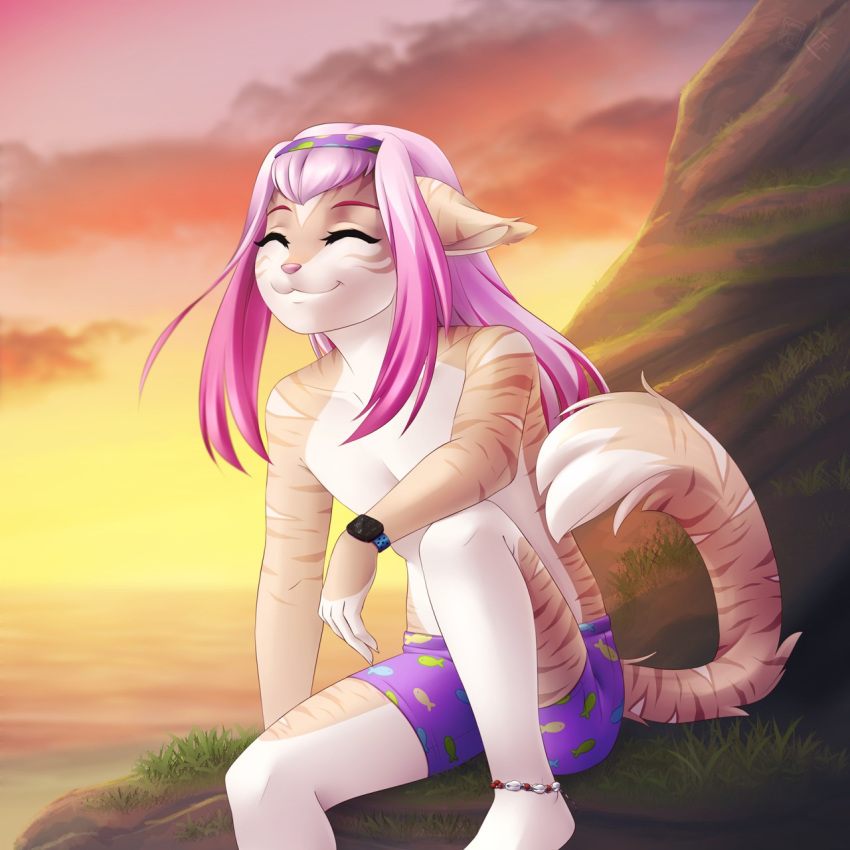 ambiguous_gender anklet clothed clothing countershading dannyckoo domestic_cat eyebrows felid feline felis fur grass hair hairband jewelry mammal outside pink_hair pink_nose smile summer sunset swimming_trunks swimsuit topless