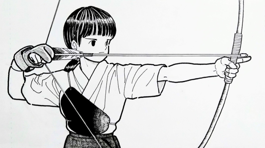 1girl archery arrow_(projectile) bow_(weapon) drawing_bow gloves highres holding holding_bow_(weapon) holding_weapon kyuudou looking_to_the_side medium_hair monochrome original partially_fingerless_gloves ponytail simple_background sketch solo standing v-shaped_eyebrows weapon yugake zpihr6jprso2r2l