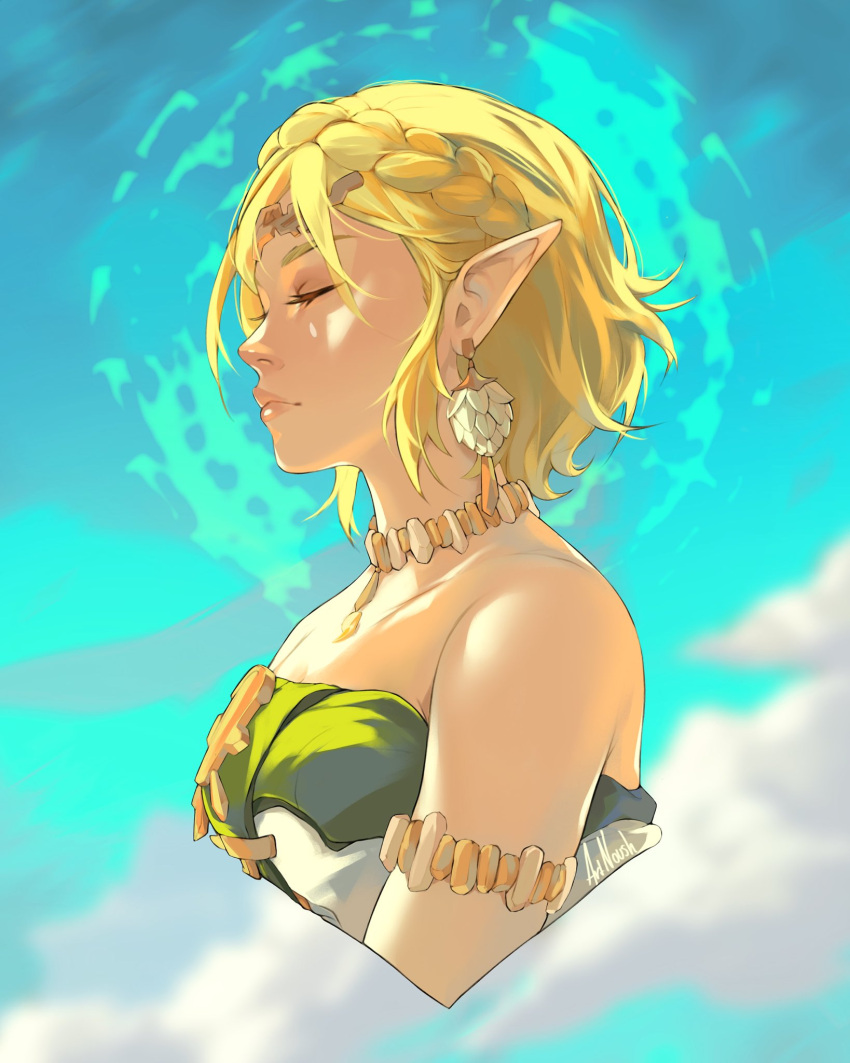 1girl armlet bare_shoulders braid closed_eyes cloud collarbone crown_braid dress earrings expressionless from_side green_dress highres jewelry necklace noush official_alternate_costume pointy_ears princess_zelda short_hair sky solo the_legend_of_zelda the_legend_of_zelda:_tears_of_the_kingdom