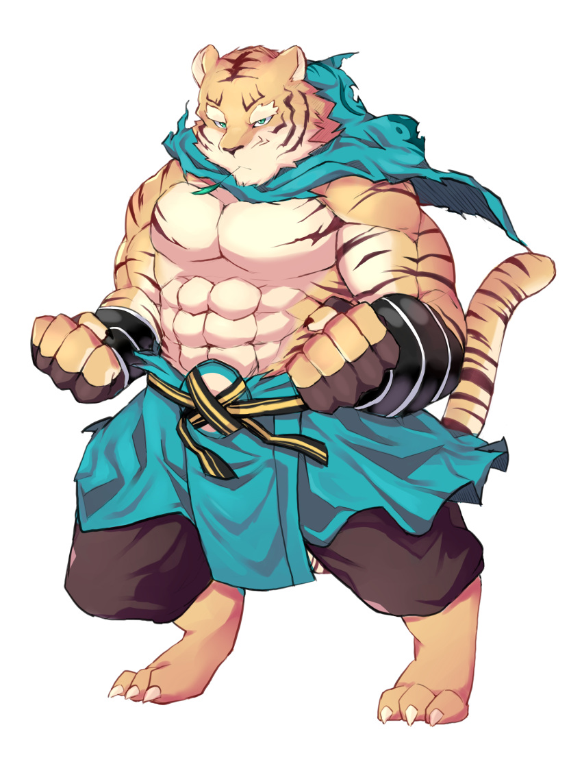 1boy abs absurdres bara black_gloves clenched_hands fingerless_gloves fingernails full_body furry furry_male gloves green_eyes highres male_focus mouth_hold muscular muscular_male pang_(sdorica) pectorals sdorica sharp_fingernails solo stalk_in_mouth standing tiger_boy toe_claws topless_male yed_(yedsilent)