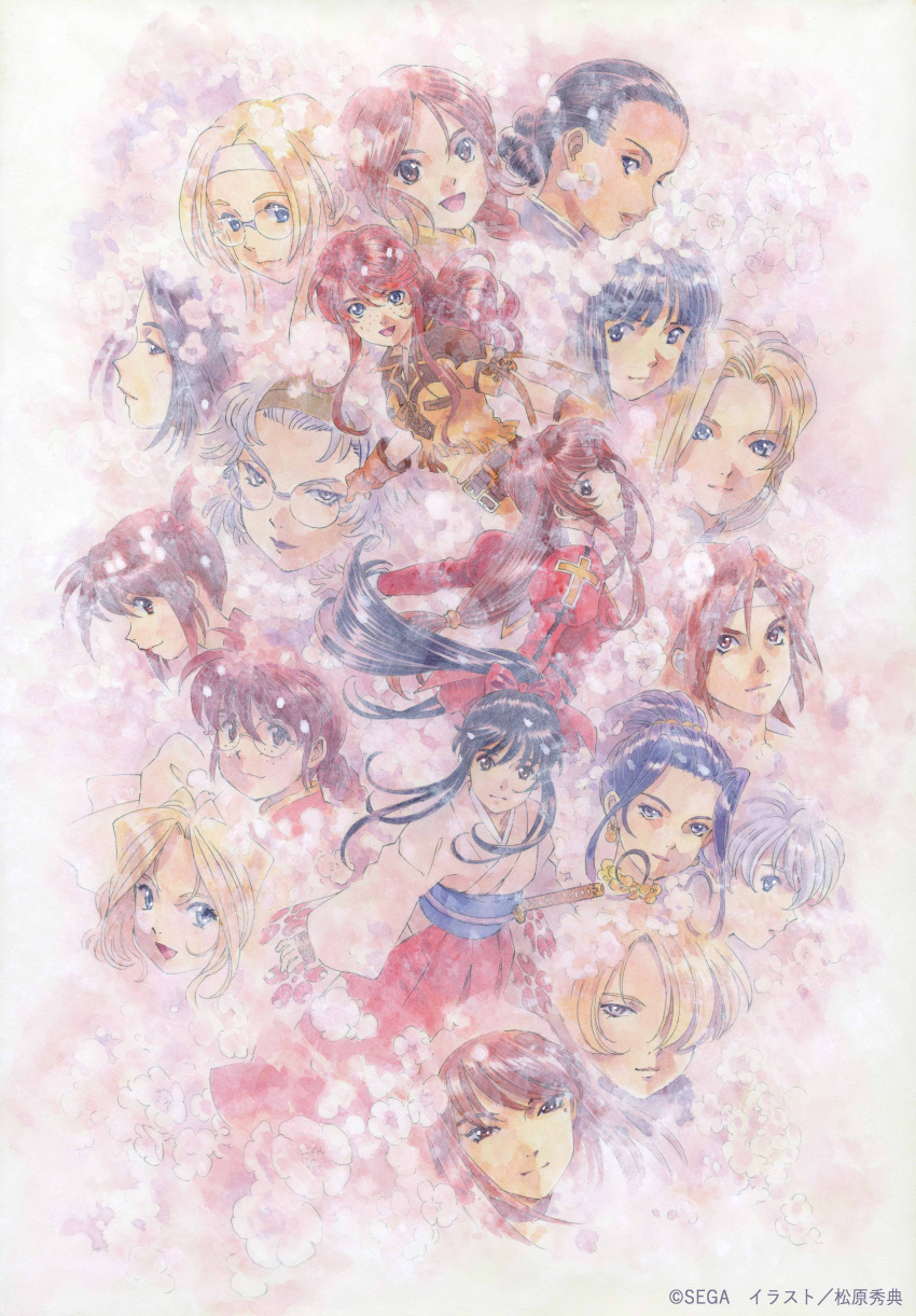 1990s_(style) 1other 6+girls absurdres androgynous arms_behind_back artist_name bead_necklace beads belt black_eyes black_hair black_stripes blonde_hair blue_eyes blue_headband braid brown_belt brown_eyes brown_gloves brown_hair buttons child coquelicot_(sakura_taisen) cowboy_shot cowboy_western crack cracked_glass cross dark-skinned_female dark_skin denim denim_skirt diana_caprice dress earrings english_text erica_fontaine everyone fingerless_gloves floral_background floral_print_kimono fringe_trim gemini_sunrise glass gloves glycine_bleumer green_eyes grey_eyes grey_hair group_picture hair_over_one_eye hair_ribbon hairband hakama hakama_skirt happy head_only headband highres iris_chateaubriand japanese_clothes jewelry juliet_sleeves kanzaki_sumire katana kimono kirishima_kanna kitaooji_hanabi kujou_subaru leni_milchstrasse lobelia_carlini long_sleeves looking_at_viewer maria_tachibana matsubara_hidenori miniskirt multiple_girls necklace nose official_art open_eyes open_mouth outstretched_arms parted_bangs parted_lips pink_background pink_kimono pink_sleeves ponytail puffy_sleeves purple_eyes purple_hair purple_sash red_dress red_hair red_hakama red_ribbon red_sleeves retro_artstyle ri_kouran ribbon rikaritta_aries round_eyewear sagitta_weinberg sakura_taisen sakura_taisen_ii sakura_taisen_iii sakura_taisen_v sash second-party_source sega shinguuji_sakura short_hair short_sleeves sidelocks simple_background skirt soletta_orihime straight_hair sword thigh_strap updo wavy_hair weapon white_background white_hair white_hairband white_headband wide_sleeves