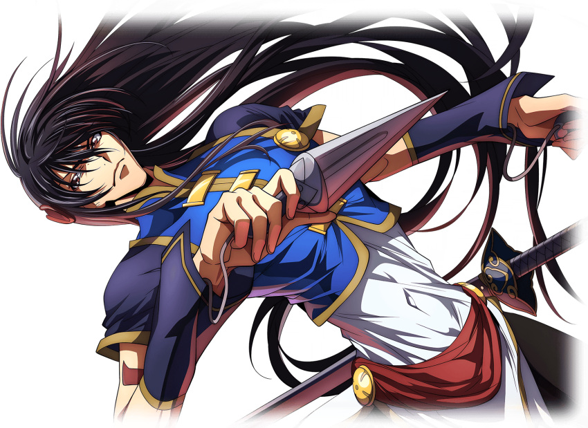 1boy artist_request black_hair black_leggings blue_shirt brown_eyes chinese_clothes closed_mouth code_geass code_geass:_lost_stories covered_navel crop_top dual_wielding floating_hair game_cg gold_trim hair_between_eyes hair_ornament highres holding kunai leggings li_xingke long_hair looking_to_the_side male_focus non-web_source official_art raglan_sleeves serious sheath sheathed shirt short_sleeves sidelocks simple_background solo string sword transparent_background tunic very_long_hair weapon