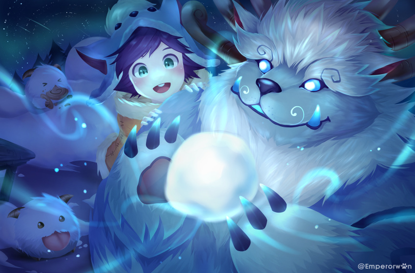 2boys absurdres animal_hat black_hair blue_eyes claws furry furry_male glowing green_eyes hat highres league_of_legends male_focus multiple_boys night no_nose nunu_(league_of_legends) open_mouth outdoors short_hair snow snowball time_lapse tongue tusks twitter_username willump winter yed_(yedsilent)