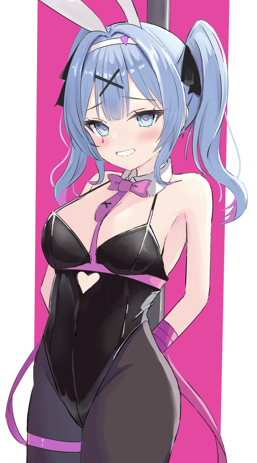 1girl absurdres animal_ears arms_behind_back bare_shoulders black_leotard black_pantyhose blue_eyes blue_hair blush bow bowtie breasts clothing_cutout cutout_above_navel detached_collar fake_animal_ears hair_ornament hatsune_miku heart_cutout highres leotard looking_at_viewer object_in_bra pantyhose pink_pupils playboy_bunny pole rabbit_ears rabbit_hole_(vocaloid) smile solo stripper_pole tamamorh teardrop_facial_mark twintails vocaloid x_hair_ornament