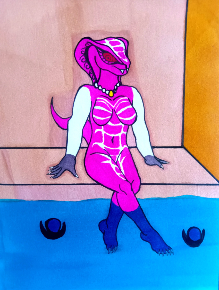 anthro barefoot breasts fangs featureless_breasts feet feet_in_water female gem grey_hands hi_res jewelry lego marker_(artwork) modnar nails necklace ninjago nude pearl_(gem) pearl_necklace pink_body pool red_eyes reptile scalie selma_(ninjago) serpentine_(ninjago) sharp_nails sitting snake solo spiral_eyes teeth traditional_media_(artwork) water white_arms