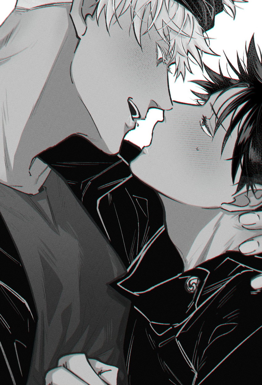 2boys after_kiss blindfold blindfold_lift blush buttons commentary_request eyelashes full-face_blush fushiguro_megumi fushirun_rung gojou_satoru high_collar highres jacket jujutsu_kaisen long_sleeves looking_at_another male_focus monochrome multiple_boys open_clothes saliva school_uniform shirt short_hair smile spiked_hair sweatdrop teeth yaoi