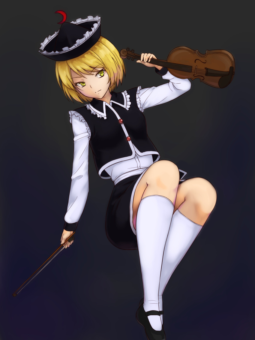 1girl black_background black_footwear black_skirt blonde_hair bow_(music) closed_mouth commentary crescent crescent_hat_ornament frilled_hat frills full_body hat hat_ornament highres instrument kakone long_sleeves looking_at_viewer lunasa_prismriver short_hair simple_background skirt socks solo touhou violin white_socks yellow_eyes