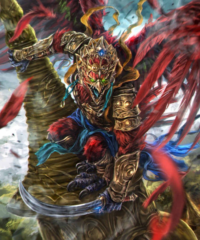 armor beak blue_tongue bracer fantasy green_eyes helmet highres holding holding_sword holding_weapon kamigoku_no_valhalla_gate looking_at_viewer mad_(artist) monster open_mouth original outdoors scarf solo sword talons weapon wings yellow_scarf