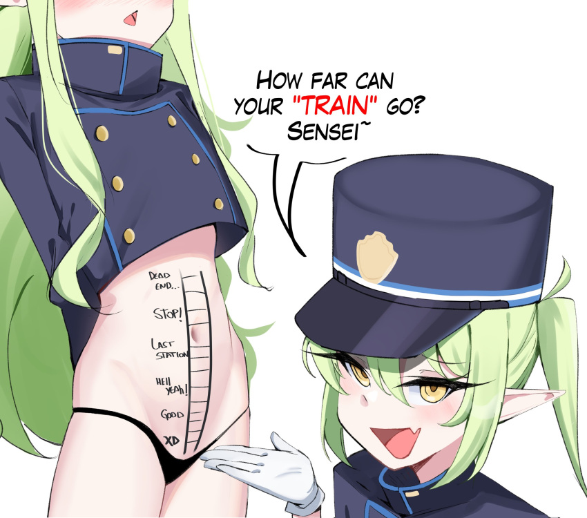 2girls :d arms_behind_back black_panties blue_archive blush body_writing crop_top english_commentary english_text fang gen_(unzzenasd) gloves green_hair hat highlander_sidelocks_conductor_(blue_archive) highlander_twintails_conductor_(blue_archive) highres length_markings long_hair long_sleeves looking_at_viewer mesugaki multiple_girls navel no_pants open_mouth panties peaked_cap penis_measuring pointy_ears simple_background skin_fang smile smug twintails underwear white_background white_gloves yellow_eyes