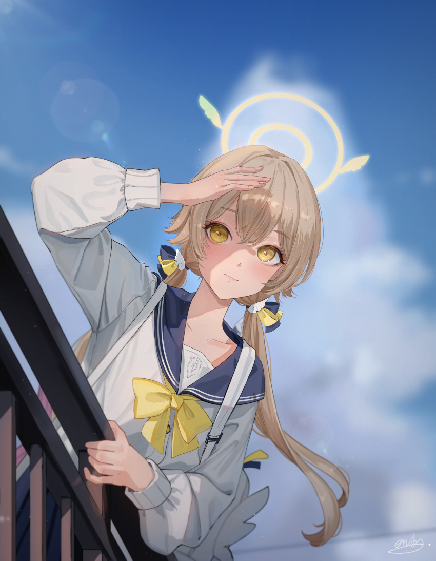 1girl absurdres aendi_en_d_endei blue_archive blue_sky blush cloud commentary_request from_below hair_between_eyes halo hand_on_railing hifumi_(blue_archive) highres lens_flare light_smile long_hair long_sleeves low_twintails ribbon sailor_collar school_uniform signature skirt sky smile solo twintails upper_body yellow_eyes yellow_ribbon