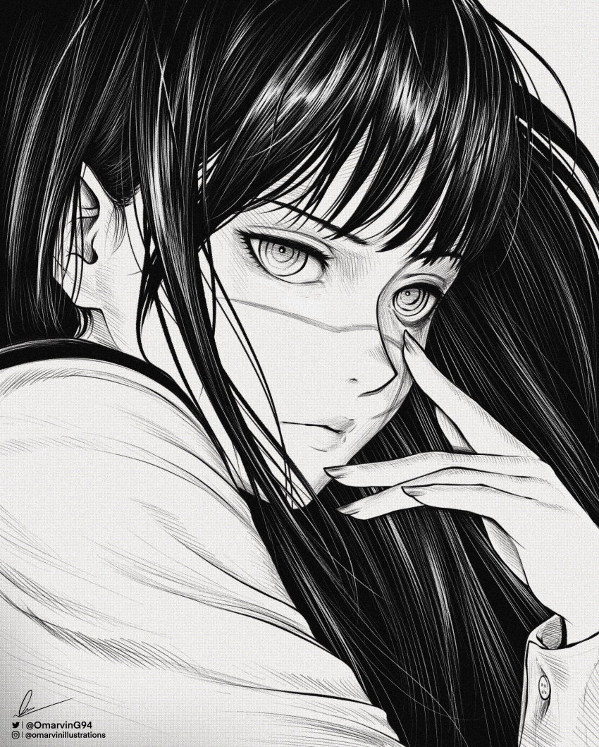 1girl absurdres black_hair chainsaw_man greyscale hands_on_own_face highres instagram_username long_hair long_sleeves looking_at_viewer marvin_(omarvin) monochrome nail ringed_eyes scar scar_on_face school_uniform signature solo twitter_username uniform yoru_(chainsaw_man)