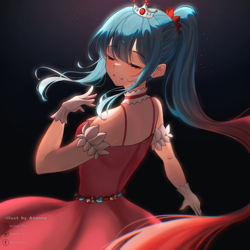 1girl ananna_art aqua_hair artist_name bare_shoulders black_background choker closed_eyes commentary crown dress english_commentary frilled_choker frills from_behind gloves hair_ribbon high_ponytail highres long_hair original red_choker red_dress red_ribbon ribbon sidelocks solo spaghetti_strap standing white_gloves