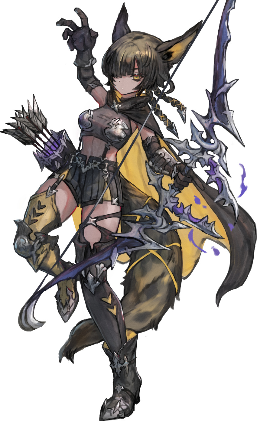 1girl absurdres animal_ears arm_armor arm_up arrow_(projectile) black_cape black_hair bow_(weapon) cape hair_over_one_eye highres holding holding_bow_(weapon) holding_weapon knee_up looking_at_viewer midriff original parted_lips sabamiso_taro simple_background solo two-sided_cape two-sided_fabric weapon white_background yellow_cape yellow_eyes