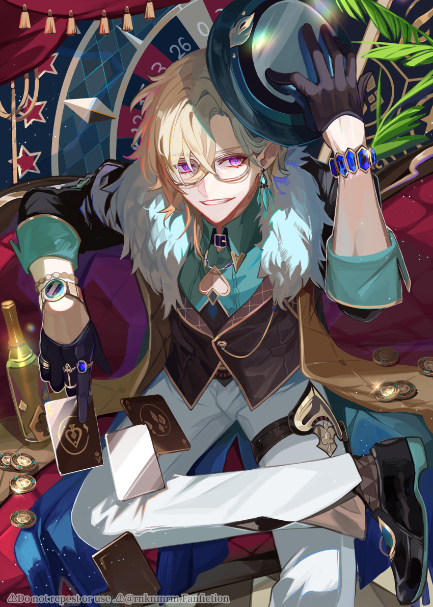 1boy aqua_shirt aventurine_(honkai:_star_rail) black_footwear black_gloves black_hat blonde_hair bottle card collared_shirt earrings fur_trim glasses gloves hair_between_eyes hat highres hiki_yuichi honkai:_star_rail honkai_(series) jewelry looking_at_viewer male_focus pants playing_card poker_chip purple_eyes ring roulette shirt short_hair sitting smile solo watch white_pants wine_bottle wristwatch