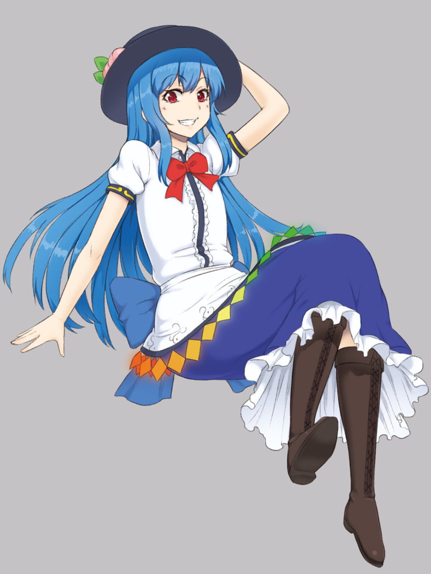 1girl black_footwear blue_hair blue_skirt boots bow bowtie commentary cross-laced_clothes frilled_skirt frills full_body grey_background highres hinanawi_tenshi kakone leaf long_hair looking_at_viewer peach_hat_ornament rainbow_order red_bow red_bowtie red_eyes shirt short_sleeves simple_background skirt smile solo touhou white_shirt