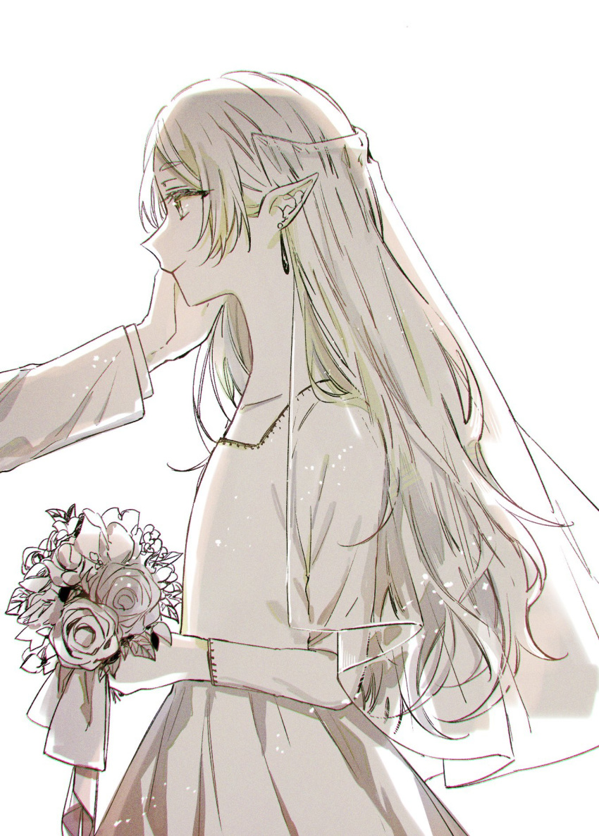 1boy 1girl bouquet bridal_veil closed_mouth collarbone commentary commentary_request dress drop_earrings earrings elf eyelashes flower flower_request frieren from_side highres holding jewelry long_hair long_sleeves monochrome pointy_ears see-through see-through_veil sidelocks smile sousou_no_frieren veil wavy_hair wedding_dress yoichi_hnkn