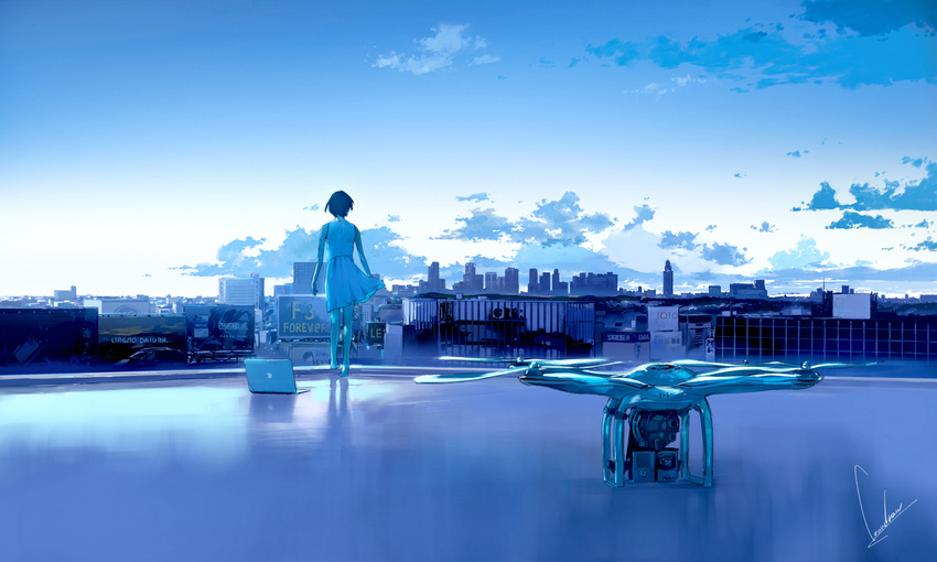 apple_inc. barefoot black_hair blue blurry building camera city cityscape cloud computer day depth_of_field drone from_behind laptop looking_afar loundraw macintosh niji_wo_matsu_kanojo original quadcopter rooftop scenery short_hair sign signature skirt sky sleeveless solo wind