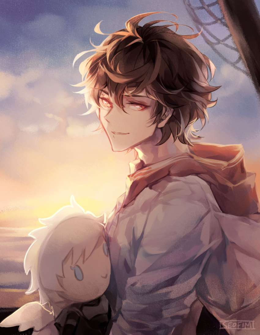 ahoge aircraft airship backlighting bishounen blue_sky brown_hair chibi cloud cloudy_sky commentary commission english_commentary fimyuan gradient_sky granblue_fantasy hair_between_eyes highres hood hood_down hugging_doll hugging_object jacket light_smile looking_at_viewer lucifer_(shingeki_no_bahamut) male_focus messy_hair net red_eyes sandalphon_(granblue_fantasy) sandalphon_(summer)_(granblue_fantasy) short_hair signature sky sunset twitter_username upper_body white_jacket white_wings wings