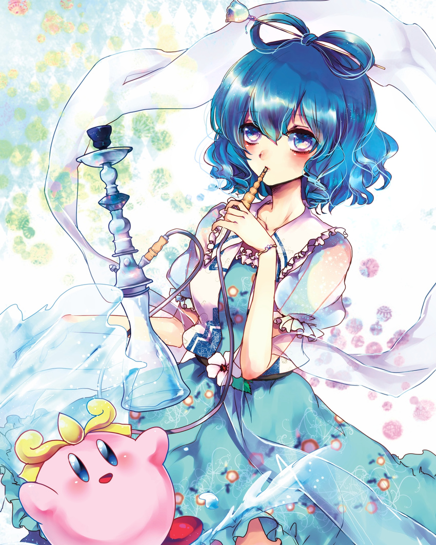 bad_id bad_pixiv_id belt blue_dress blue_eyes blue_hair bracelet collar collarbone commentary_request crossover dress flower frilled_collar frills ginzuki_ringo hair_between_eyes hair_ornament hair_stick highres hookah jewelry kaku_seiga kirby kirby_(series) puffy_short_sleeves puffy_sleeves shawl short_hair short_sleeves touhou vest water white_flower white_vest