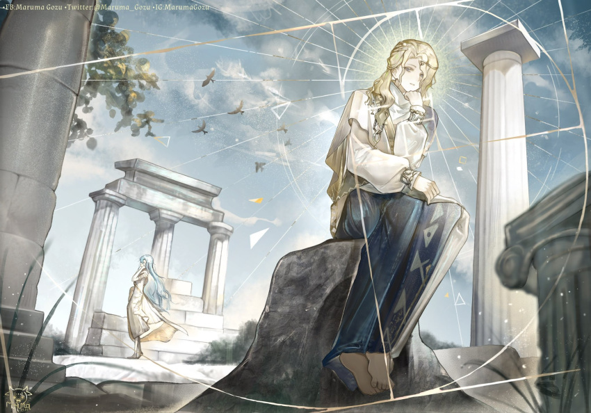 1boy 1girl 37_(reverse:1999) 6_(reverse:1999) ancient_greek_clothes architecture artist_logo barefoot bird blonde_hair blue_eyes blue_hair blue_sky book book_on_lap circlet cloud colored_eyelashes column fine_art_parody full_body golden_spiral grass greco-roman_architecture greco-roman_clothes hand_on_own_chin hand_up highres himation long_hair long_sleeves looking_at_viewer maruma_gozu on_rock open_book parody parted_lips pillar reverse:1999 rock ruins sitting sitting_on_rock sky solo_focus standing the_thinker toga