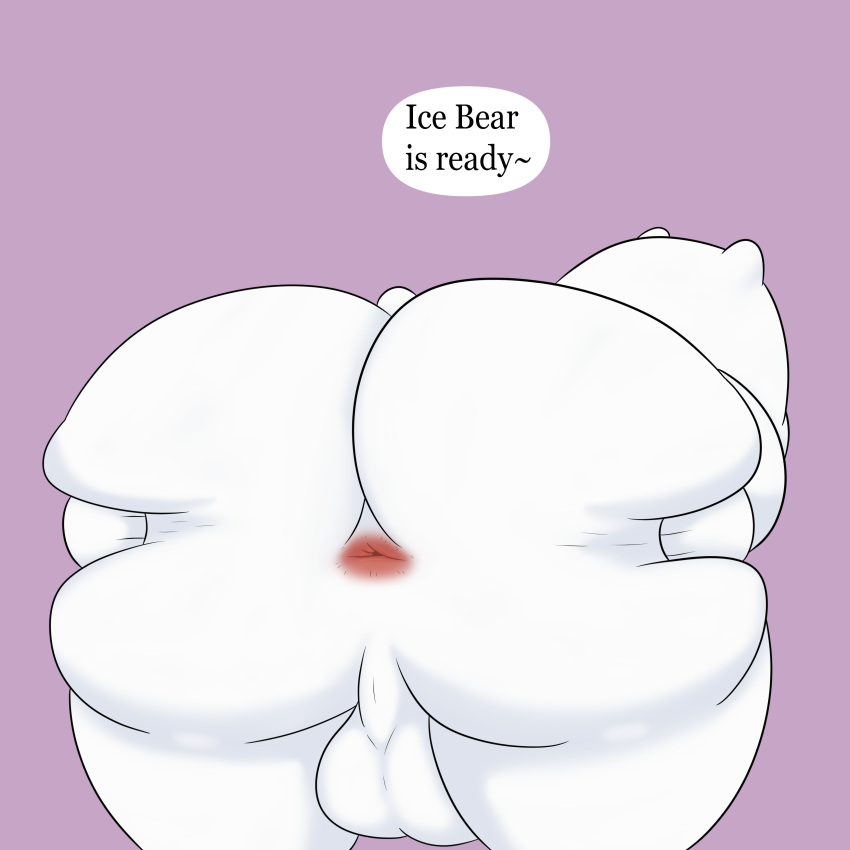 2022 absurd_res anthro anus balls bear bent_over big_butt butt butt_grab cartoon_network colossalstars digital_media_(artwork) english_text fur genitals hand_on_butt hand_on_own_butt hi_res ice_bear_(we_bare_bears) male mammal polar_bear presenting presenting_anus presenting_hindquarters purple_background rear_view short_tail simple_background solo speech_bubble spread_butt spreading tail text thick_thighs ursine we_bare_bears white_body white_ears white_fur white_tail