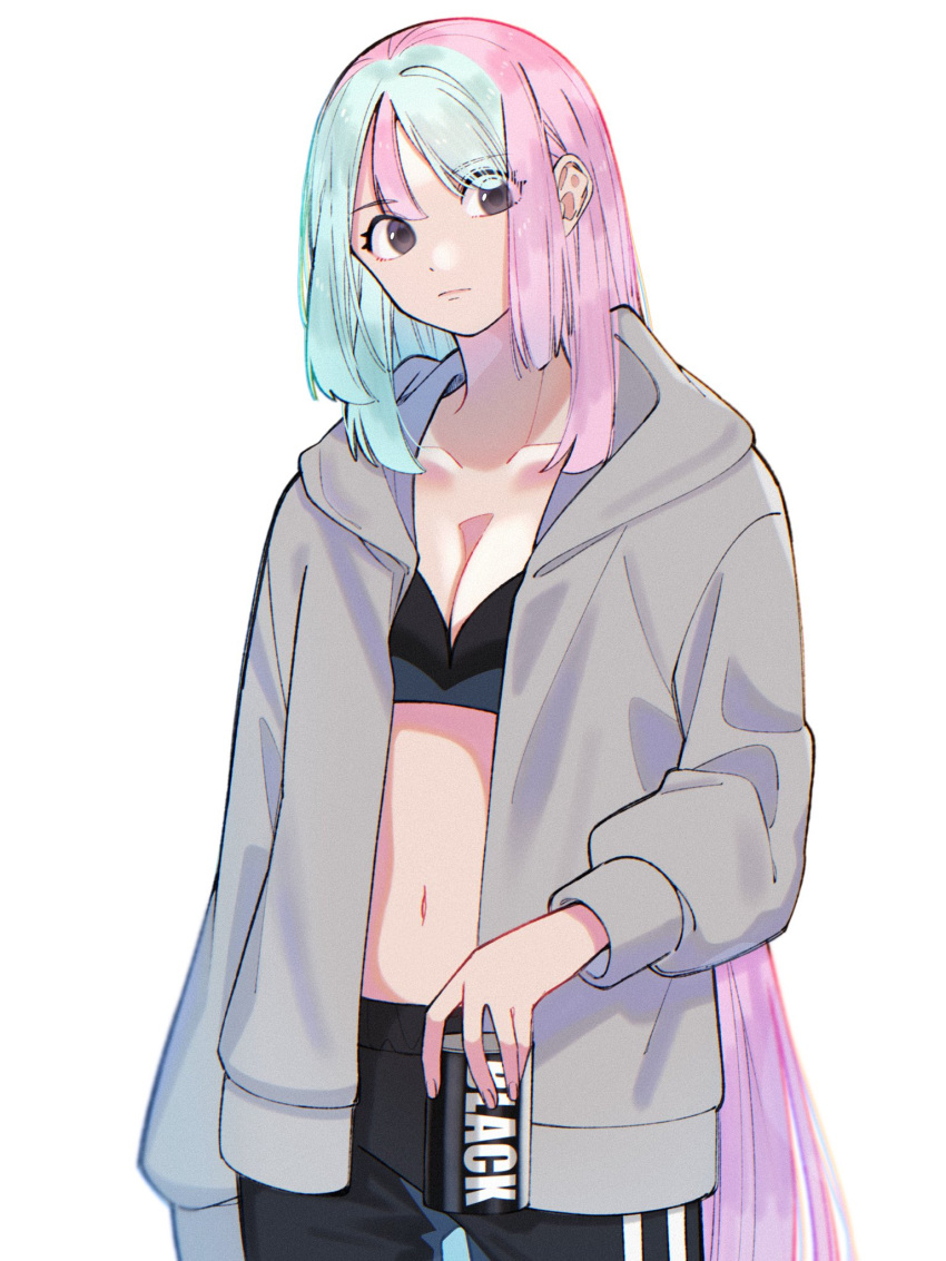 1girl alternate_costume alternate_hair_color black_bra black_pants bra breasts brown_eyes can cleavage collarbone commentary_request cowboy_shot eyelashes green_hair grey_jacket hair_down head_tilt highres holding holding_can hood hood_down hooded_jacket iono_(pokemon) jacket kana_(kanna_runa0620) long_hair looking_at_viewer multicolored_hair navel open_clothes open_jacket pants pink_hair pokemon pokemon_sv simple_background solo two-tone_hair underwear white_background