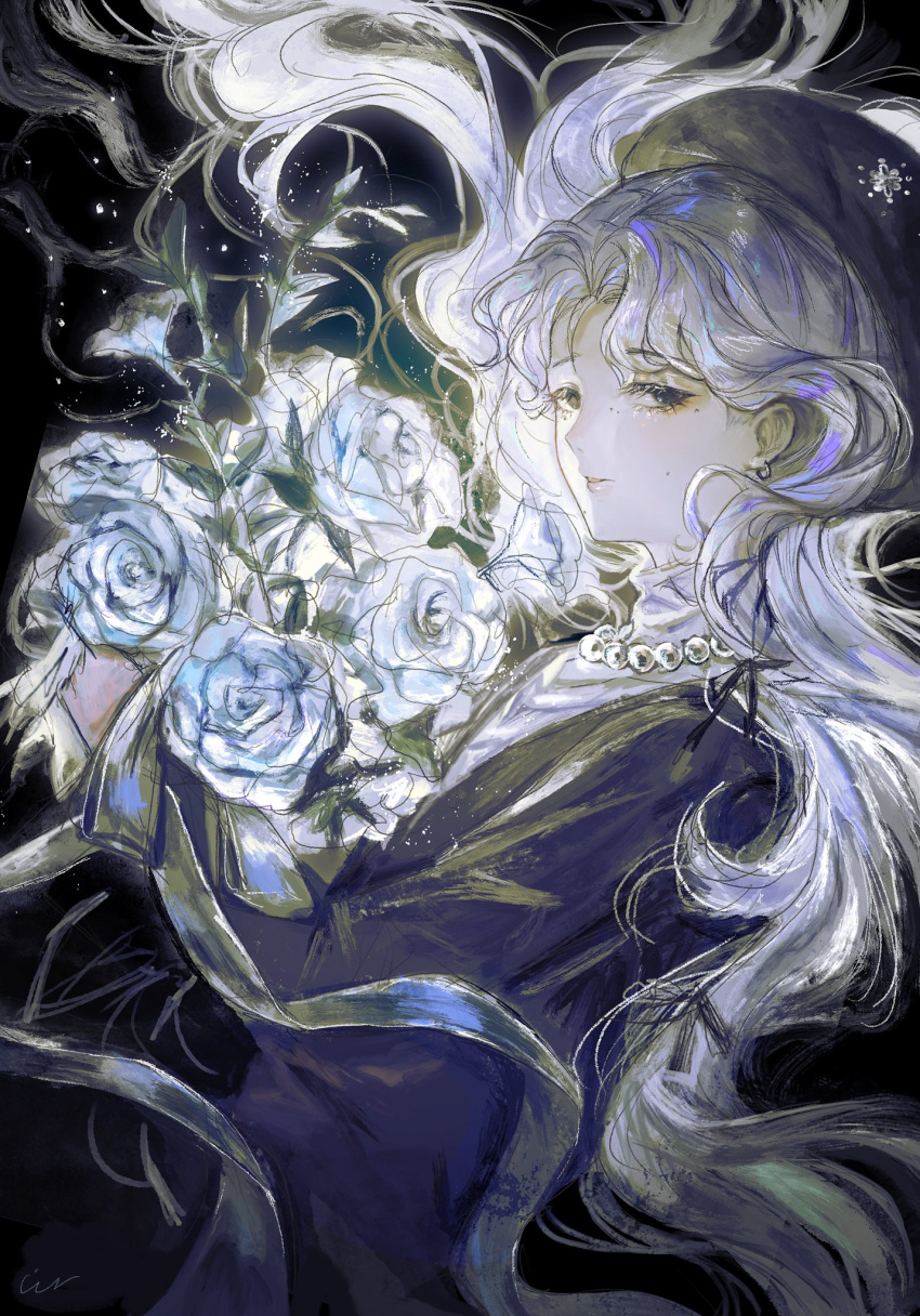 1girl black_background black_eyes black_suit blue_flower blue_rose cindymeimezu commentary flower highres light_particles long_hair looking_at_viewer mole mole_under_eye original pale_skin parted_bangs parted_lips rose solo suit symbol-only_commentary upper_body white_hair