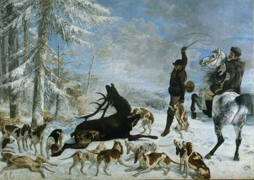 1867 19th_century absurd_res ambiguous_penetration ancient_art animal_genitalia antlers balls bite blue_sky brown_body brown_fur canid canine canis clothed clothing cloud deer domestic_dog equid equine feral fully_clothed_male fur genitals group gustave_courbet hi_res horn horse human hunter hunting imminent_death male mammal oil_painting_(artwork) painting_(artwork) penetration photorealism plant realistic sheath sky snow tan_body tan_fur traditional_media_(artwork) tree white_body white_fur winter