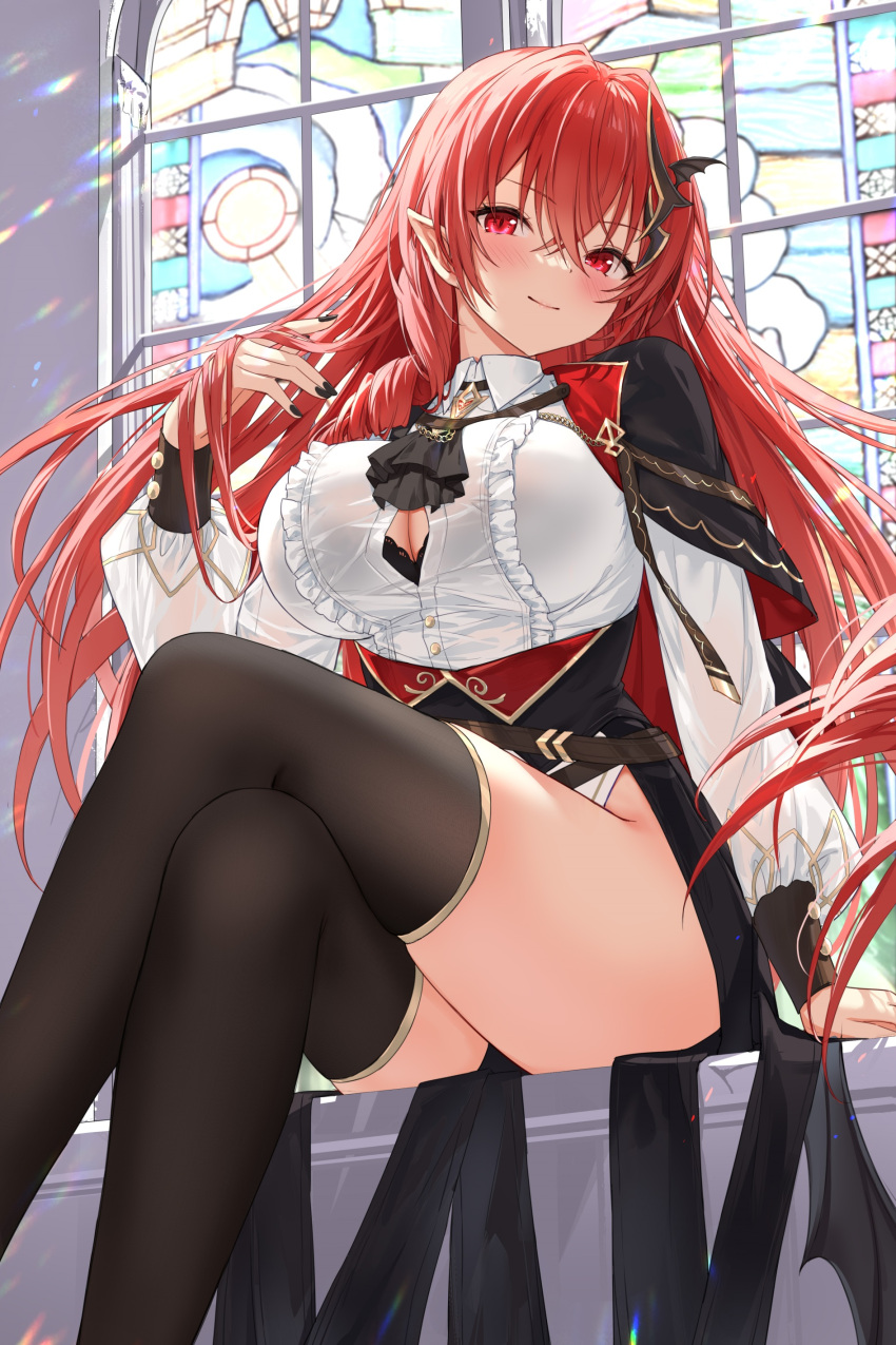 1girl absurdres arm_support ascot bat_wings black_ascot black_bra black_nails black_thighhighs blush bra breasts button_gap chestnut_mouth cleavage closed_mouth crossed_legs demon_girl devil_heavens feet_out_of_frame highres large_breasts light_particles long_ge_taki long_hair looking_at_viewer nail_polish pointy_ears provealms red_eyes red_hair sitting slit_pupils smile solo stained_glass thighhighs thighs underwear vampire virtual_youtuber window wings