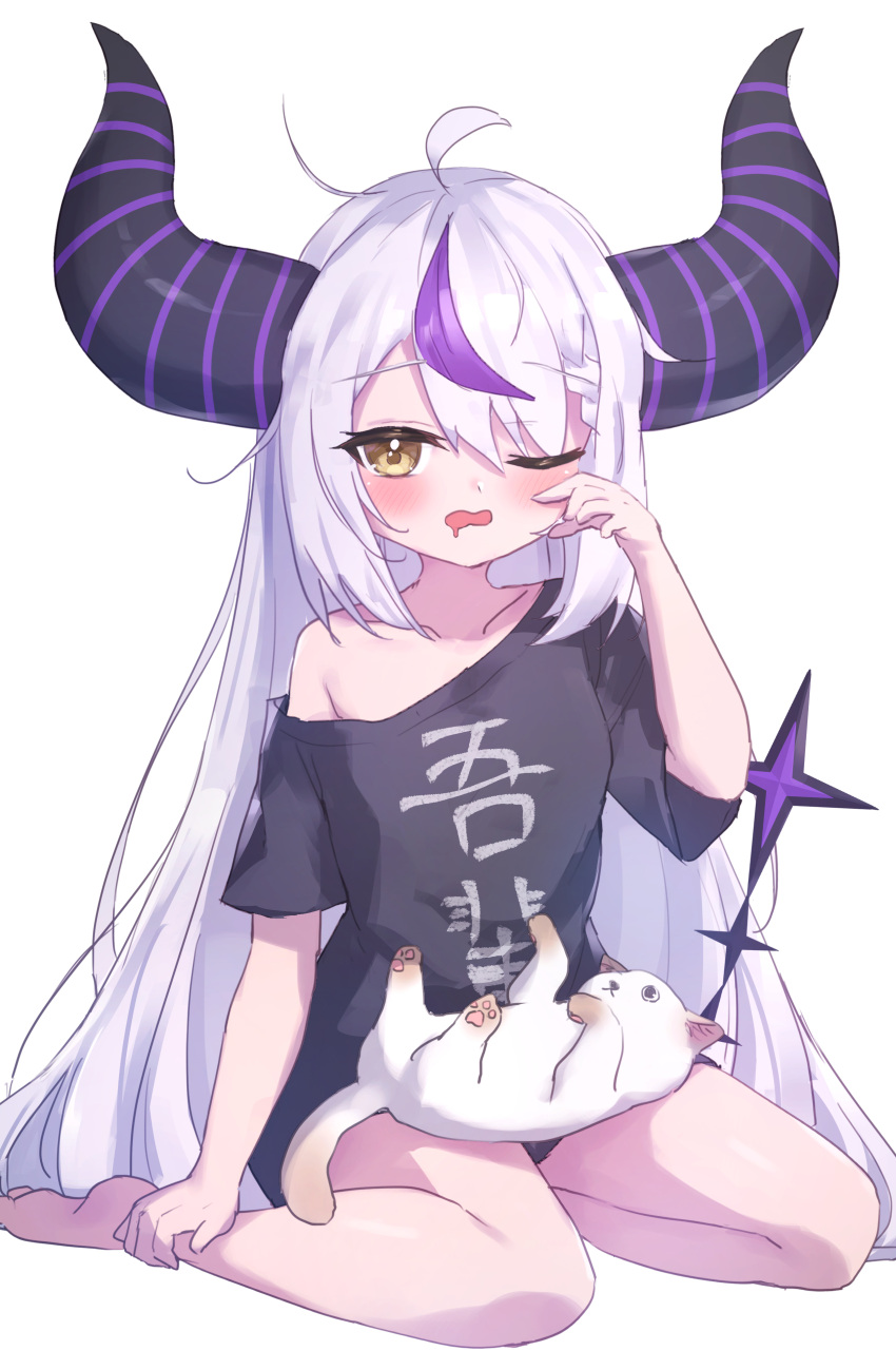 1girl absurdres ahoge animal_on_lap barefoot black_horns black_shirt blush braid braided_bangs cat cat_on_lap clothes_writing collarbone commentary_request demon_girl demon_horns demon_tail drooling eyelashes hair_between_eyes hand_up highres hololive horns huge_horns la+_darknesss long_hair looking_at_viewer masaki_(msk064) messy_hair mouth_drool multicolored_hair off_shoulder on_lap one_eye_closed open_mouth pawpads purple_hair rubbing_eyes shirt short_sleeves sidelocks simple_background single_bare_shoulder single_braid sitting sleepy solo streaked_hair striped_horns t-shirt tail very_long_hair virtual_youtuber white_background white_hair yellow_eyes yokozuwari