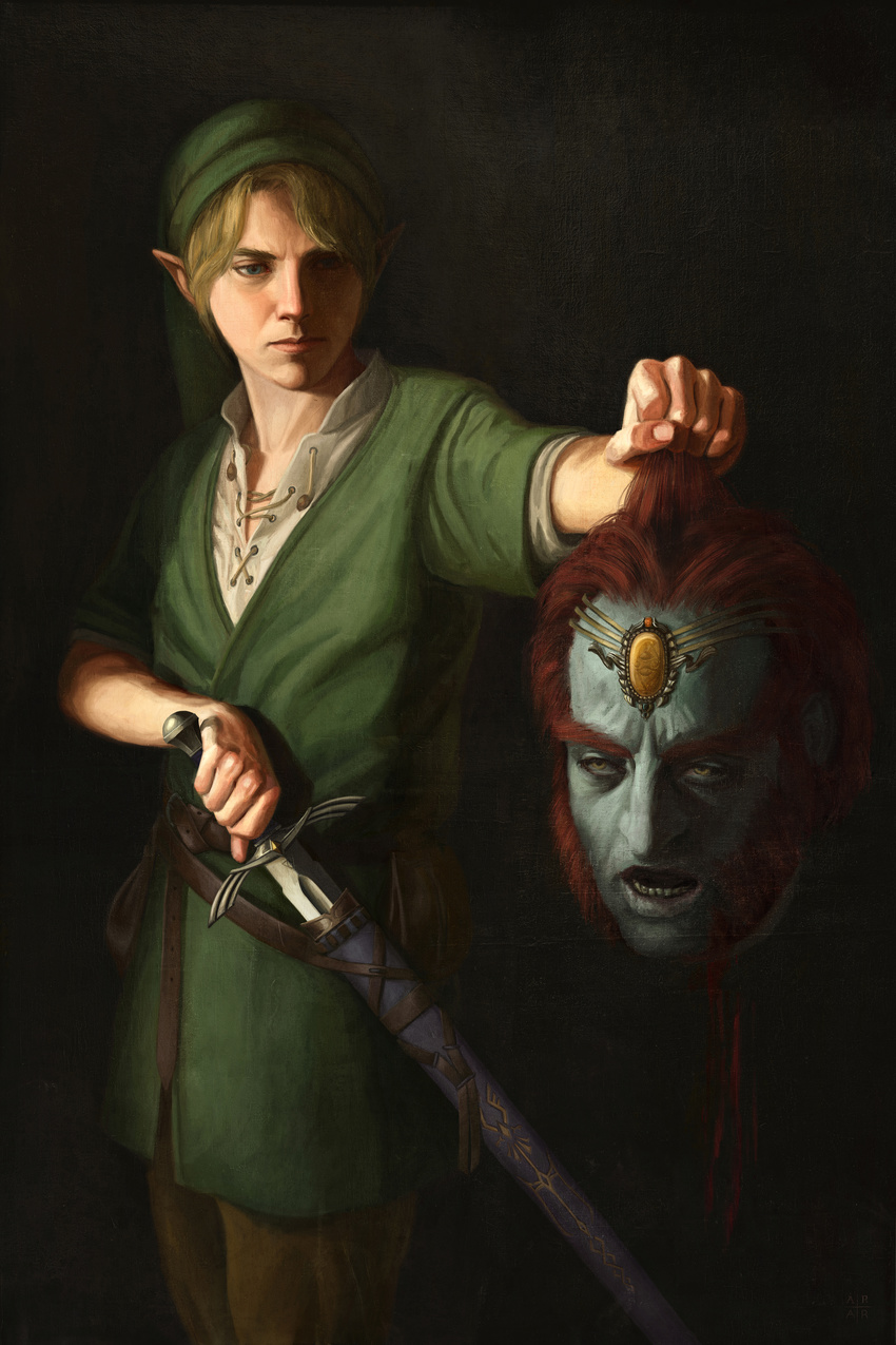 absurdres astor_alexander blonde_hair blood blue_eyes commentary dark david_with_the_head_of_goliath decapitation facial_hair faux_traditional_media fine_art_parody forehead_jewel ganondorf hat highres holding link male_focus master_sword md5_mismatch paid_reward parody patreon_reward phrygian_cap pointy_ears pouch realistic red_hair severed_head sheath solo sword the_legend_of_zelda weapon yellow_eyes