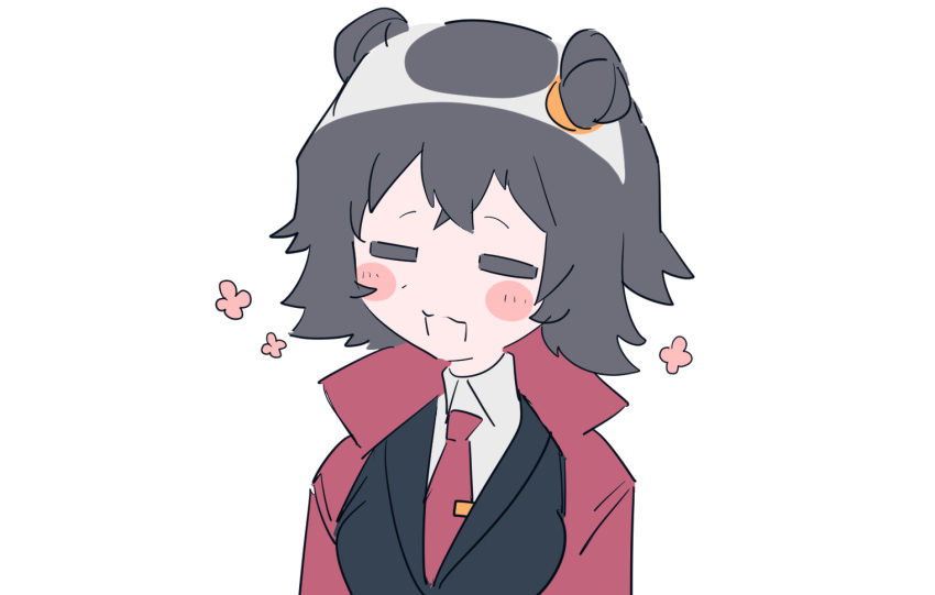 1girl :3 black_hair black_jacket blush closed_eyes coat collared_shirt double_bun hair_bun jacket library_of_ruina madotsuki_ren medium_hair mei_(library_of_ruina) necktie open_mouth project_moon red_coat red_necktie shirt simple_background smile solo tie_clip white_background white_shirt wing_collar