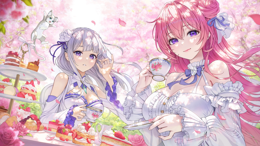 2girls absurdres bare_shoulders bow bowtie breasts cake cake_slice cherry_blossoms cleavage clothing_cutout commentary creature cup day detached_sleeves dorothy_(nikke) dress emilia_(re:zero) falling_petals floating_hair flower flower-shaped_hair food frilled_dress frills gem goddess_of_victory:_nikke green_gemstone hair_between_eyes hair_bun hair_flower hair_intakes hair_ornament hair_ribbon hand_up heartki highres holding holding_cup holding_tray large_breasts long_hair long_sleeves looking_at_viewer multiple_girls outdoors parted_lips petals pink_hair pointy_ears puck_(re:zero) purple_bow purple_bowtie purple_eyes purple_ribbon re:zero_kara_hajimeru_isekai_seikatsu ribbon rose shoulder_cutout sidelocks single_side_bun sitting sleeveless sleeveless_dress smile strawberry_shortcake table teacup tray tree white_dress white_flower white_hair white_rose white_sleeves x_hair_ornament