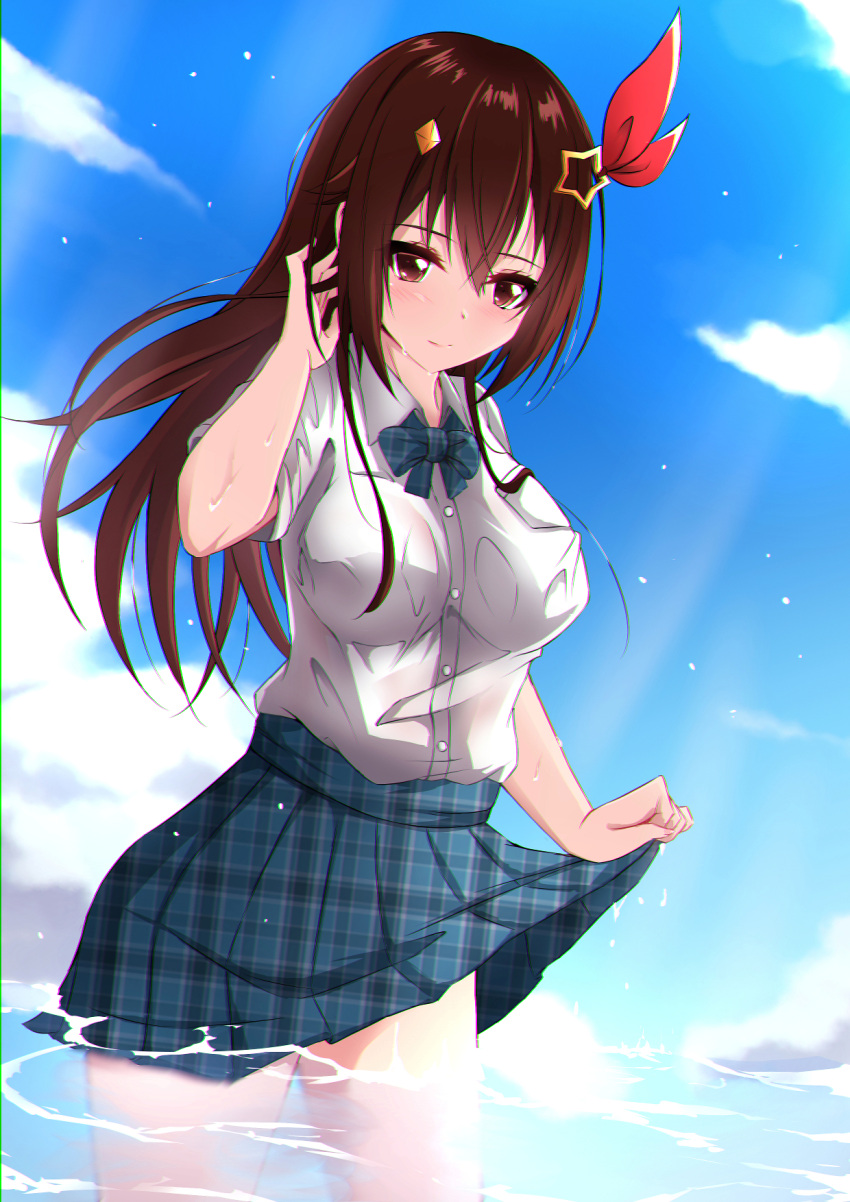 1girl aogami_high_school_uniform blue_bow blue_bowtie blue_sky blush bow bowtie breasts brown_hair clothes_lift cloud day detached_hair diamond_hair_ornament hair_between_eyes hair_ornament hairclip highres hololive hololive_error long_hair looking_at_viewer moezi ocean outdoors plaid plaid_bow plaid_bowtie plaid_skirt pleated_skirt school_uniform shirt skirt skirt_lift sky solo star_(symbol) star_hair_ornament thighs tokino_sora virtual_youtuber water wet wet_clothes white_shirt