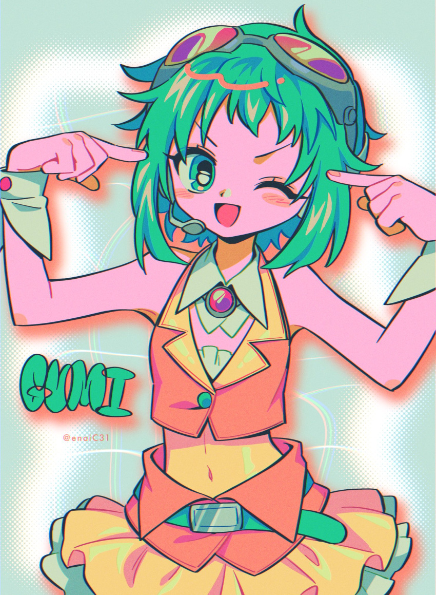 1girl belt blush_stickers brooch character_name covered_navel detached_collar eyelashes fingernails goggles goggles_on_head green_belt green_eyes green_hair gumi headset highres jewelry menma_(enaic31) one_eye_closed open_mouth pointing pointing_at_self shirt short_hair skirt solo vocaloid wrist_cuffs yellow_shirt yellow_skirt
