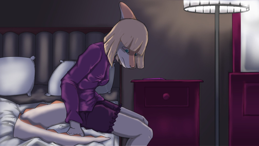 16:9 2024 anthro bed bedroom blonde_hair clothing detailed_background digital_drawing_(artwork) digital_media_(artwork) dinosaur female furniture goodbye_volcano_high hadrosaurid hair hi_res inside kuroshairocoss lamp long_tail multicolored_body multicolored_scales naomi_(gvh) on_bed orange_body orange_scales ornithischian ornithopod pajamas parasaurolophus reptile scales scalie short_hair sitting snout solo spiked_tail spikes spikes_(anatomy) tail teal_eyes two_tone_body two_tone_scales white_body white_scales widescreen