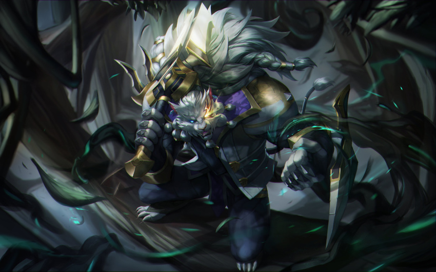 1boy absurdres bara blue_eyes braid claws commentary full_body furry furry_male glowing glowing_eye highres holding holding_sword holding_weapon leaf league_of_legends looking_at_viewer magic male_focus open_mouth rengar sharp_teeth solo sword teeth weapon yed_(yedsilent)