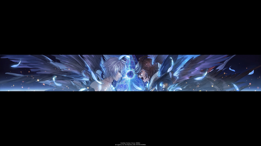 2boys absurdres ahoge angry armor bishounen black_wings blue_eyes blue_wings breastplate brown_hair brown_wings collarbone company_name constellation cropped_shoulders cube expressionless falling_feathers feathered_wings feathers fighting fire from_side furious furrowed_brow game_cg granblue_fantasy granblue_fantasy_versus:_rising hair_between_eyes highres hood hood_down light_particles logo lucilius_(granblue_fantasy) male_focus messy_hair minaba_hideo multiple_boys multiple_wings official_art open_mouth profile red_eyes red_wings sandalphon_(granblue_fantasy) scar scar_on_neck short_hair shoulder_armor stitched_neck stitches third-party_source white_feathers white_hair wings