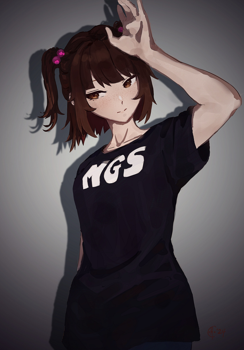 1girl absurdres arm_up black_shirt blush brown_eyes brown_hair collarbone dearsqn highres looking_at_viewer medium_hair mocomiliano real_life shirt sidelocks solo t-shirt twintails two_side_up