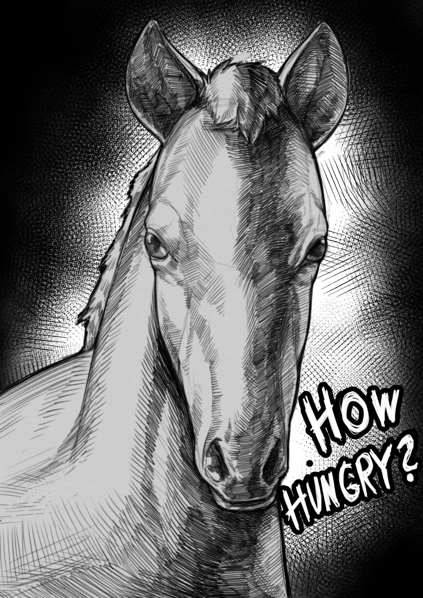 absurdres animal animal_ears animal_focus black_background english_text greyscale hatching_(texture) highres horse horse_ears how_hungry..._(meme) looking_at_viewer mane meme monochrome no_humans original realistic shadow speedl00ver talking_animal