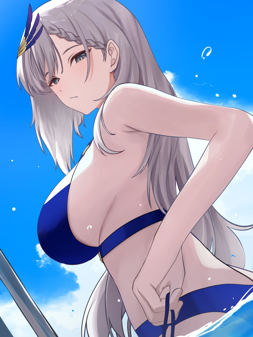 1girl absurdres blue_sky breasts cloud cloudy_sky day dutch_angle from_behind grey_eyes grey_hair hair_ornament highres hololive hololive_indonesia large_breasts long_hair looking_at_viewer looking_back outdoors pavolia_reine sideboob sky snackbar_(rimartwork) solo virtual_youtuber