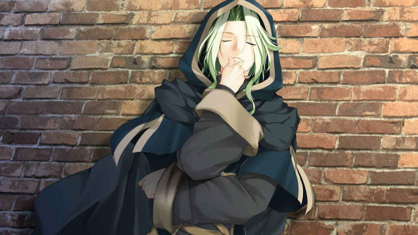 1boy atelier-moo blue_hood brick_wall cloak closed_eyes closed_mouth crossed_arms curtained_hair green_eyes green_hair hand_on_own_chin highres hood hood_up hooded_jacket hoodie jacket long_sleeves merak_yildis solo standing thinking wizards_symphony