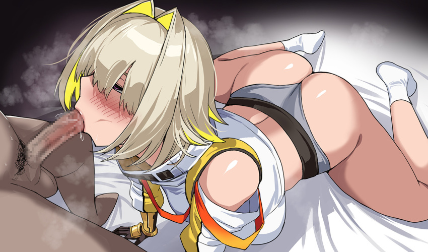 1boy 1girl ass blonde_hair blush breasts censored commentary_request elegg_(nikke) fellatio goddess_of_victory:_nikke hair_intakes hella_p hetero korean_commentary large_breasts looking_at_another male_pubic_hair mosaic_censoring oral penis pubic_hair purple_eyes short_hair socks solo_focus thighs white_socks