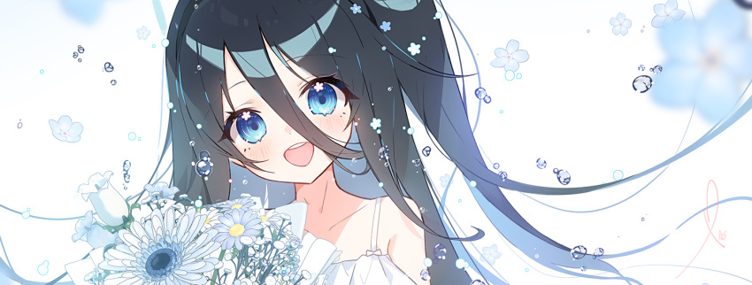 1girl absurdly_long_hair apple_caramel aris_(blue_archive) black_hair blue_archive blue_eyes blue_flower blush bouquet collarbone flower long_hair looking_at_viewer one_side_up open_mouth portrait round_teeth simple_background smile solo teeth upper_teeth_only very_long_hair water_drop white_background white_flower