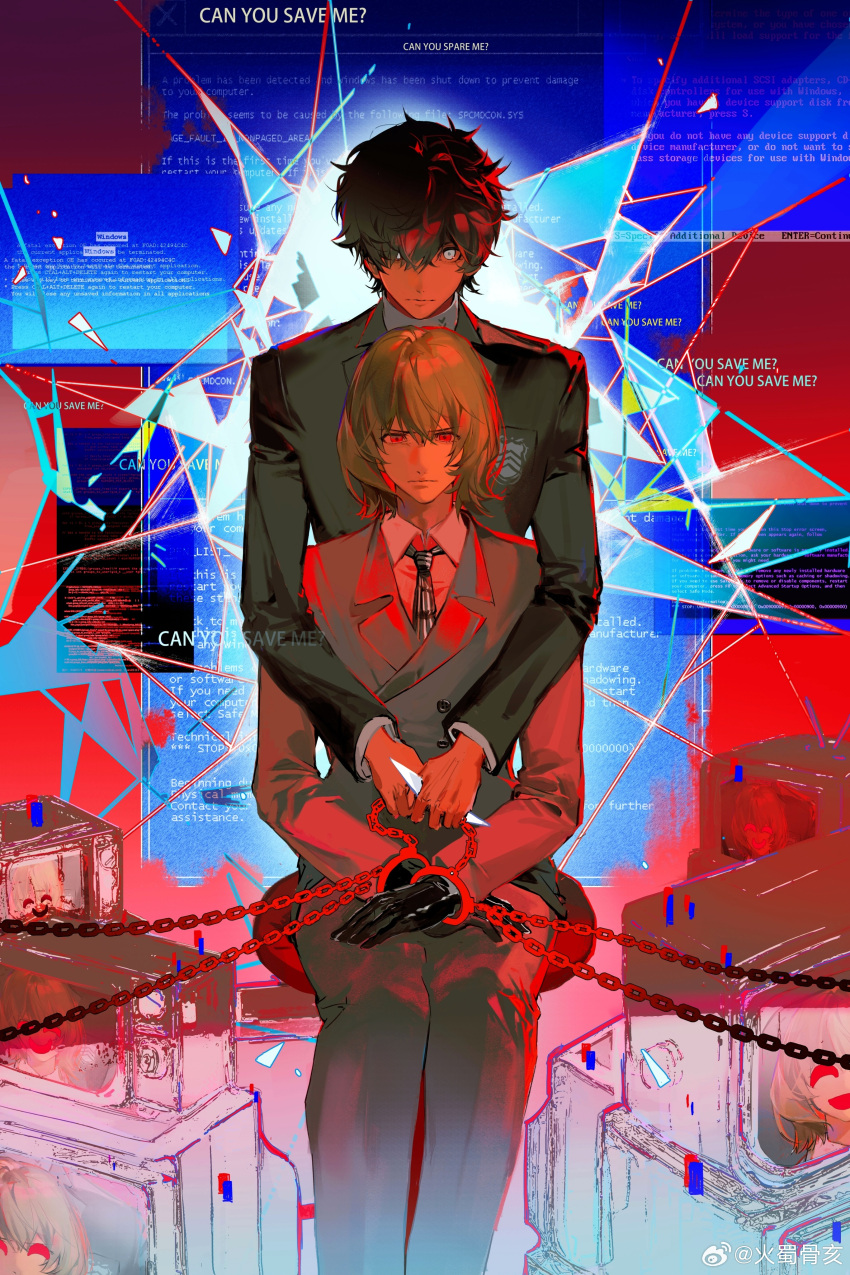 2boys absurdres akechi_gorou amamiya_ren arms_around_neck artist_name black_gloves black_hair black_jacket black_necktie black_pants blue_screen_of_death bound bound_wrists breast_pocket broken_glass brown_coat brown_hair brown_pants candlebones chain closed_mouth coat collared_shirt commentary cuffs english_commentary error_message expressionless front-to-back furrowed_brow glass glitch gloves handcuffs hands_on_lap highres holding holding_chain holding_glass_shard jacket kosei_high_school_uniform lapels legs_together light_frown long_sleeves looking_at_viewer male_focus multiple_boys necktie notched_lapels pants persona persona_5 pocket red_eyes school_uniform shirt short_hair shuujin_academy_school_uniform sitting standing stool striped_necktie television turtleneck watermark weibo_logo weibo_username white_eyes white_shirt window_(computing) wing_collar